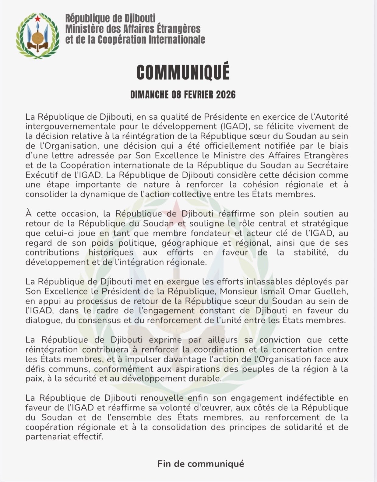 Communiqué dimanche 08 février 2026