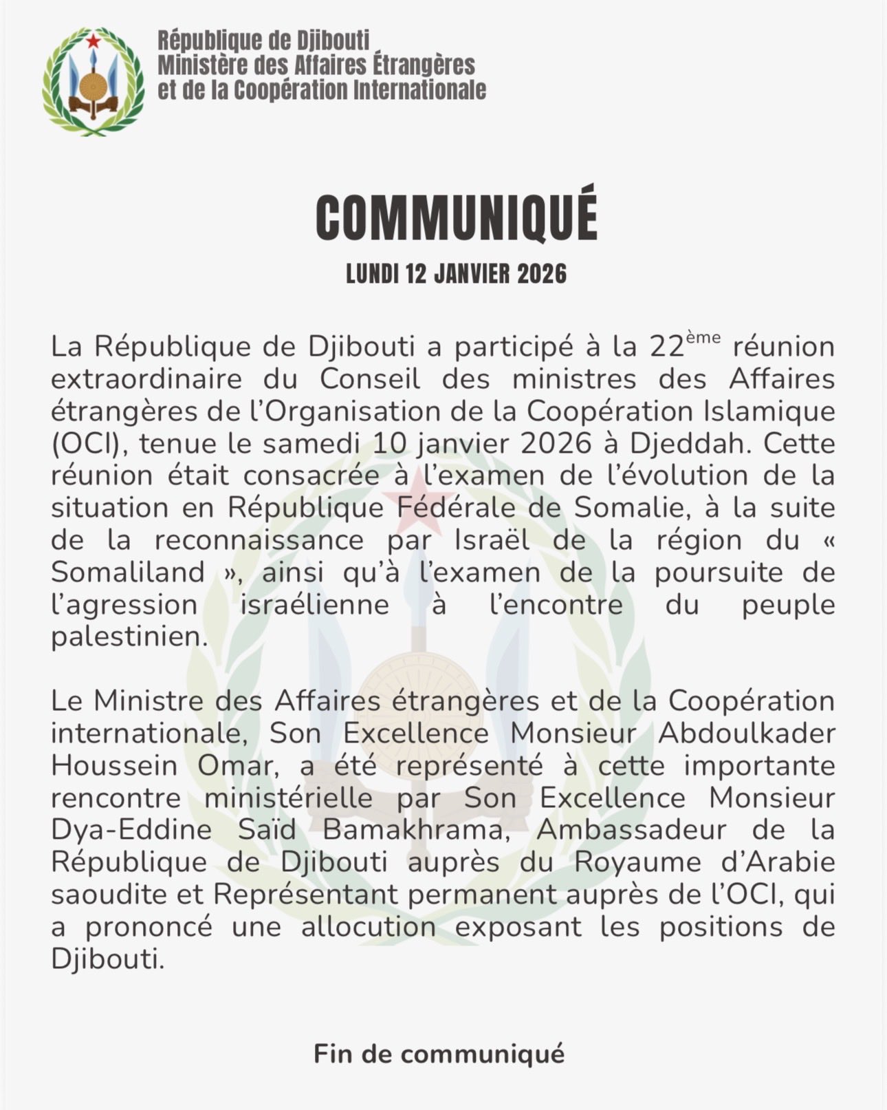 Communiqué lundi 12 janvier 2026