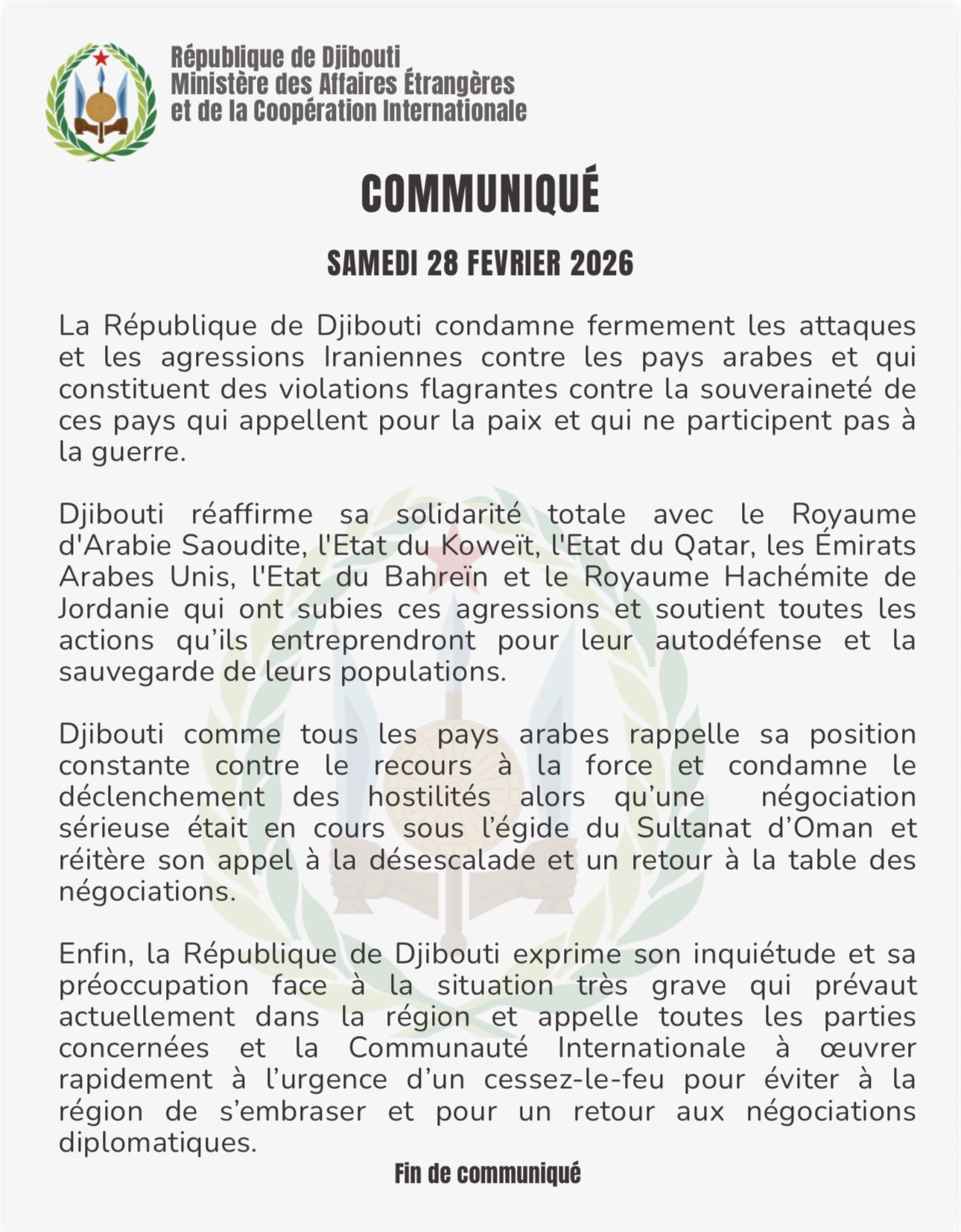 Communiqué du samedi 28 février 2026