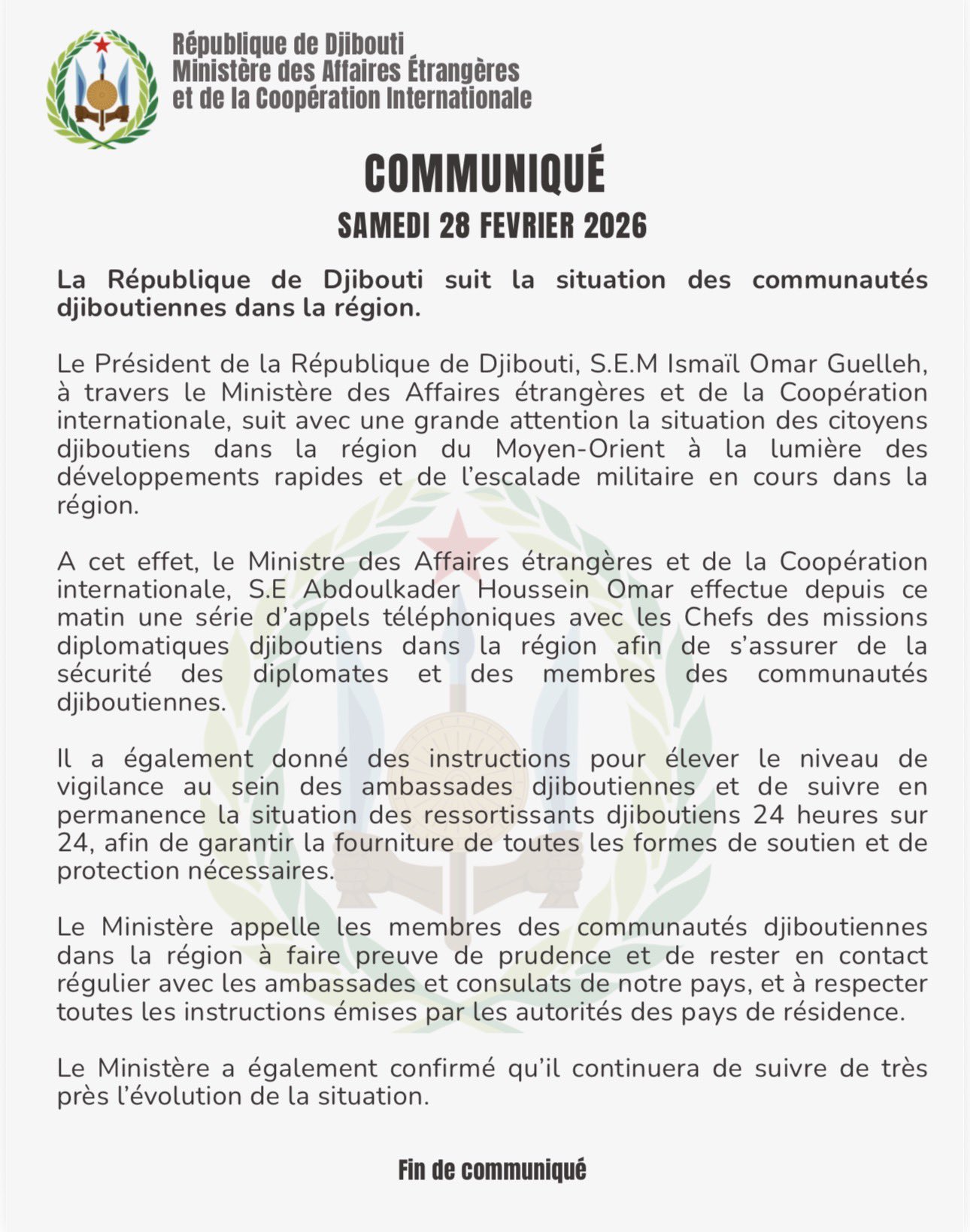 Communiqué n°2 du samedi 28 février 2026