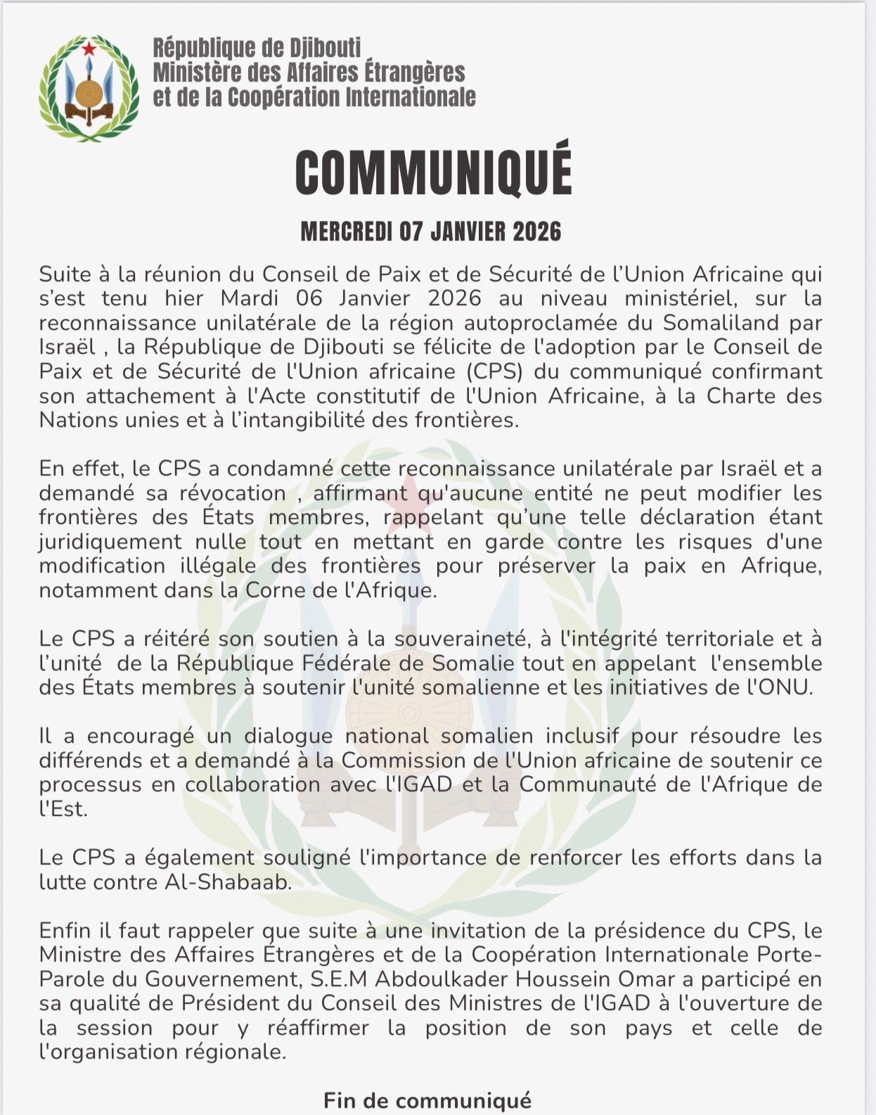 Communiqué du mercredi 07 janvier 2026