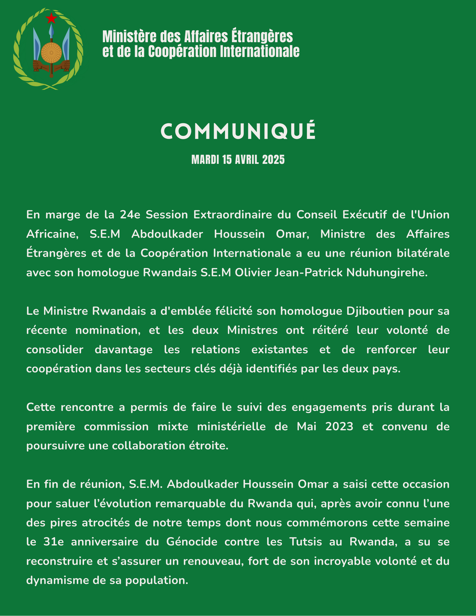 Communiqué du mardi 15 avril 2025