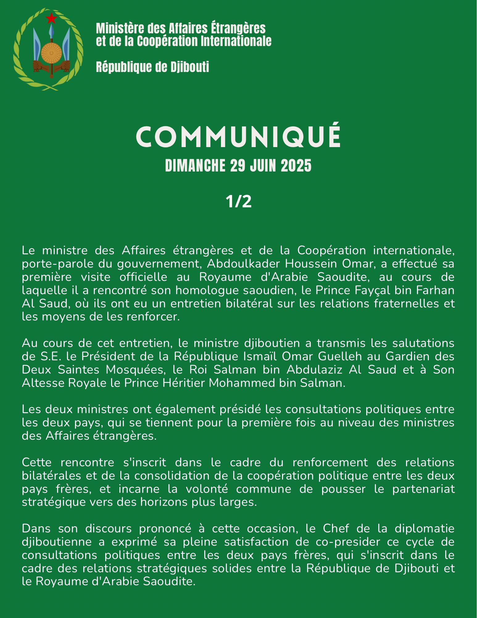 Communiqué du dimanche 29 juin 2025