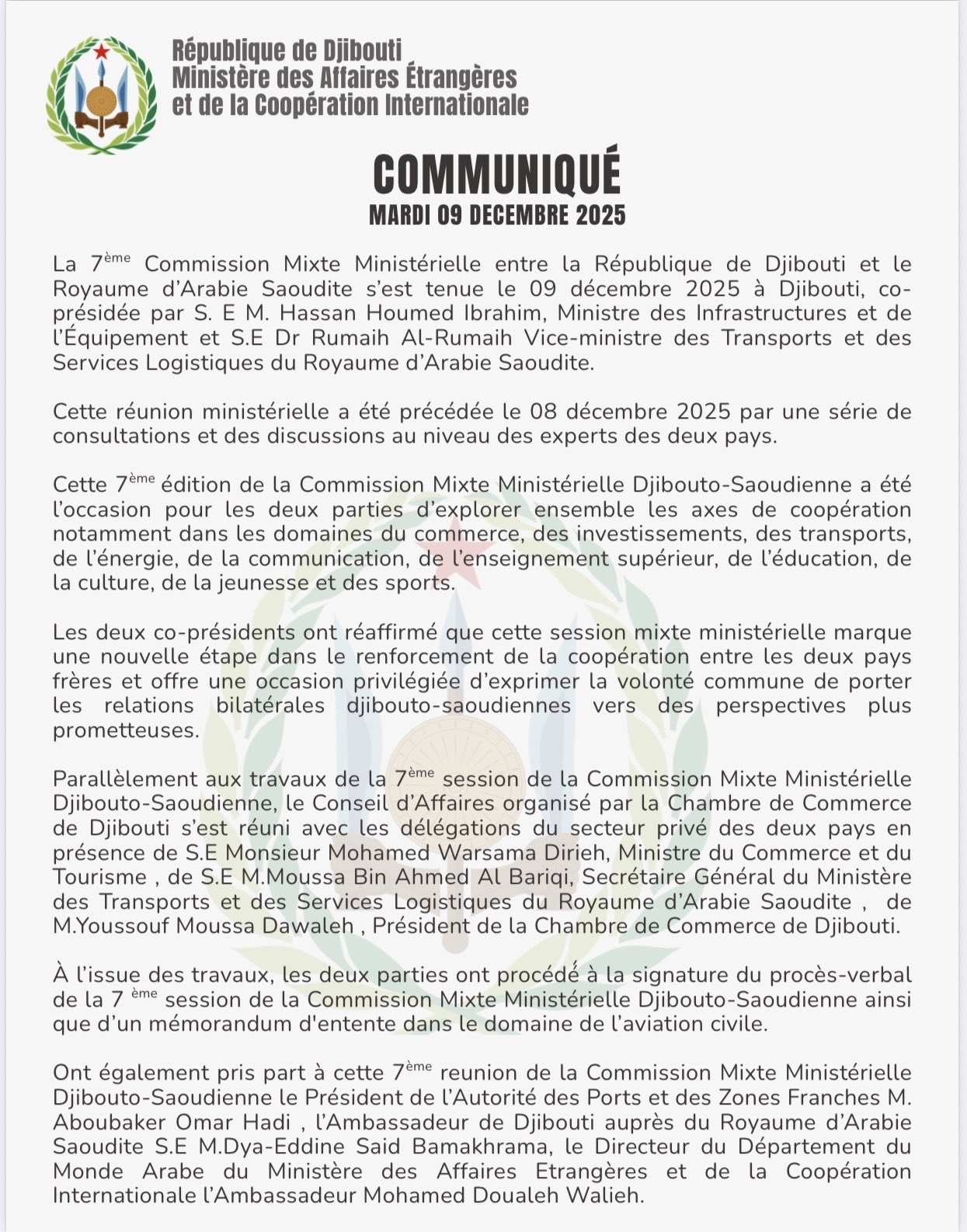 Communiqué du mardi 09 décembre 2025