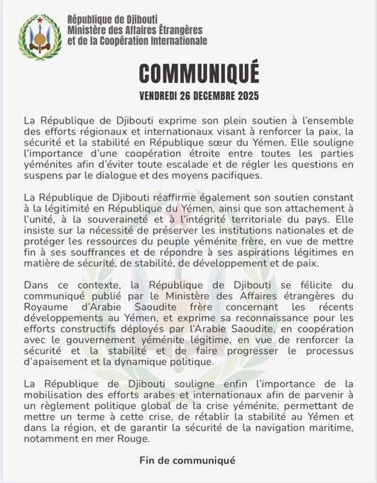 Communiqué du vendredi 26 décembre 2025