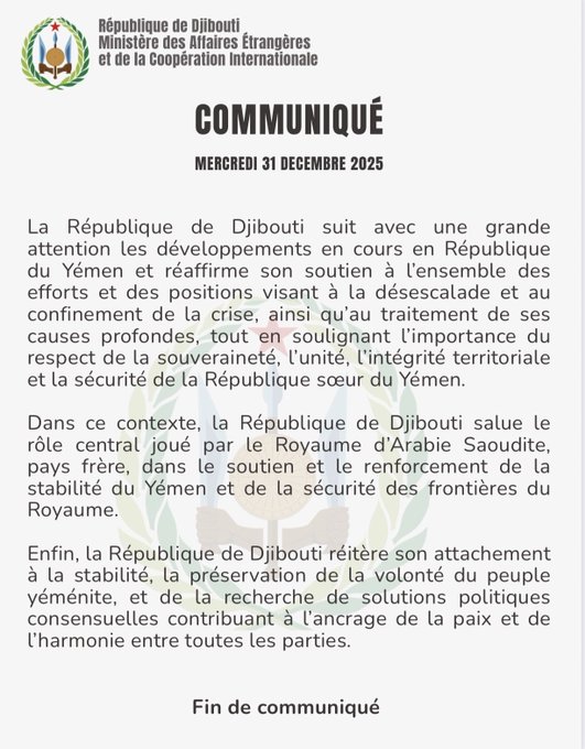 Communiqué du mercredi 31 décembre 2025