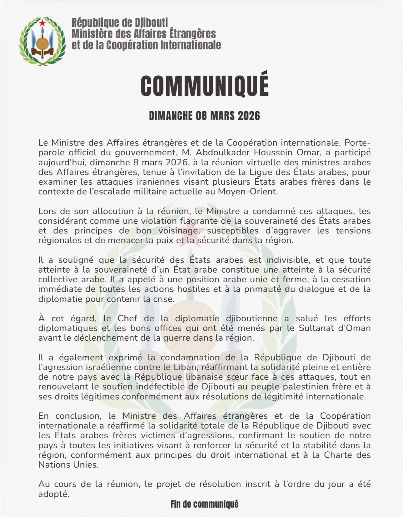 Communiqué du dimanche 08 mars 2026 